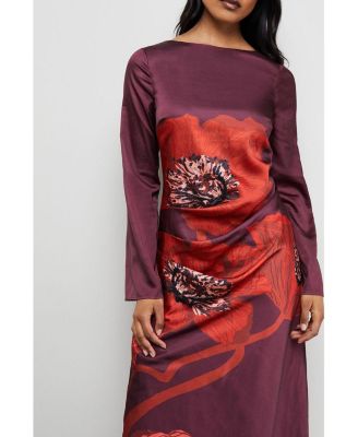 Women's Floral Placement Print Satin Midi Dress