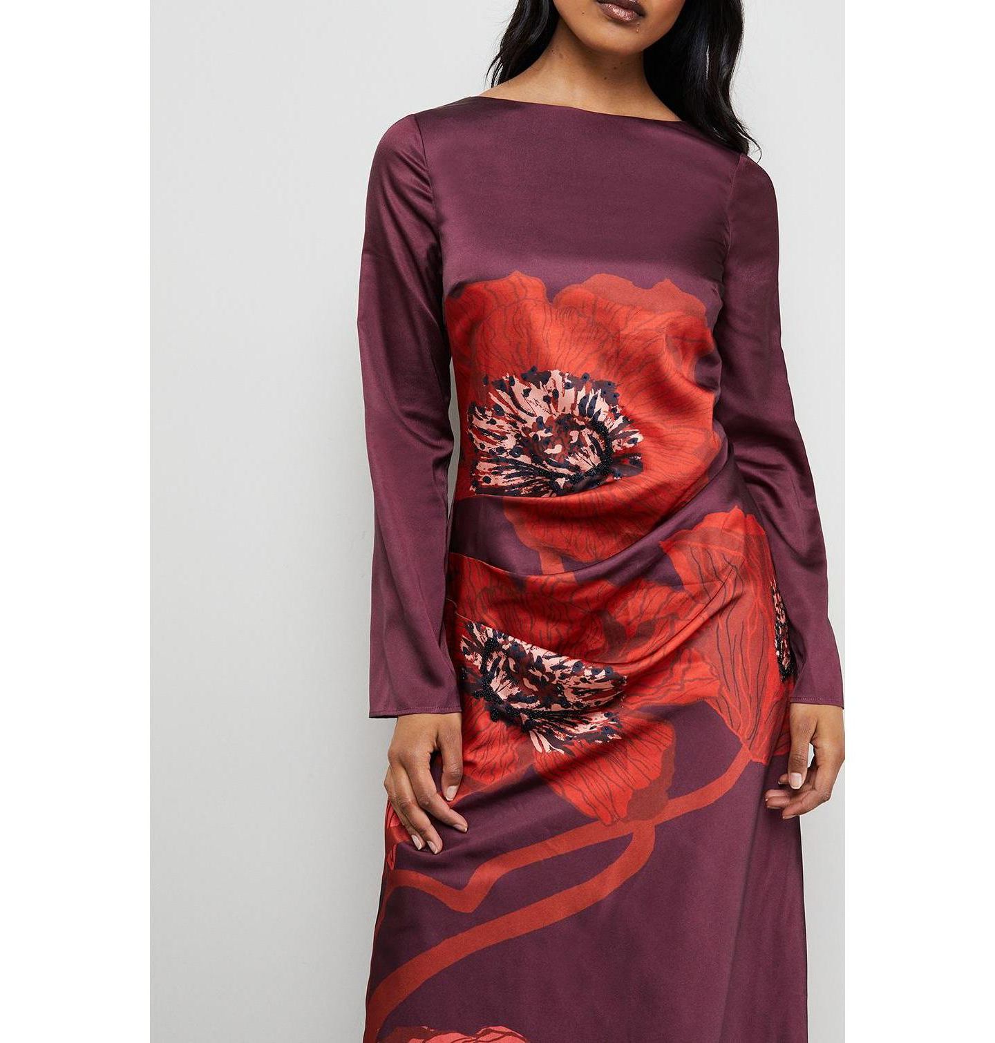 Женское платье Warehouse Floral Placement Print Satin Midi, цвет: Тёмный красный — фото 5