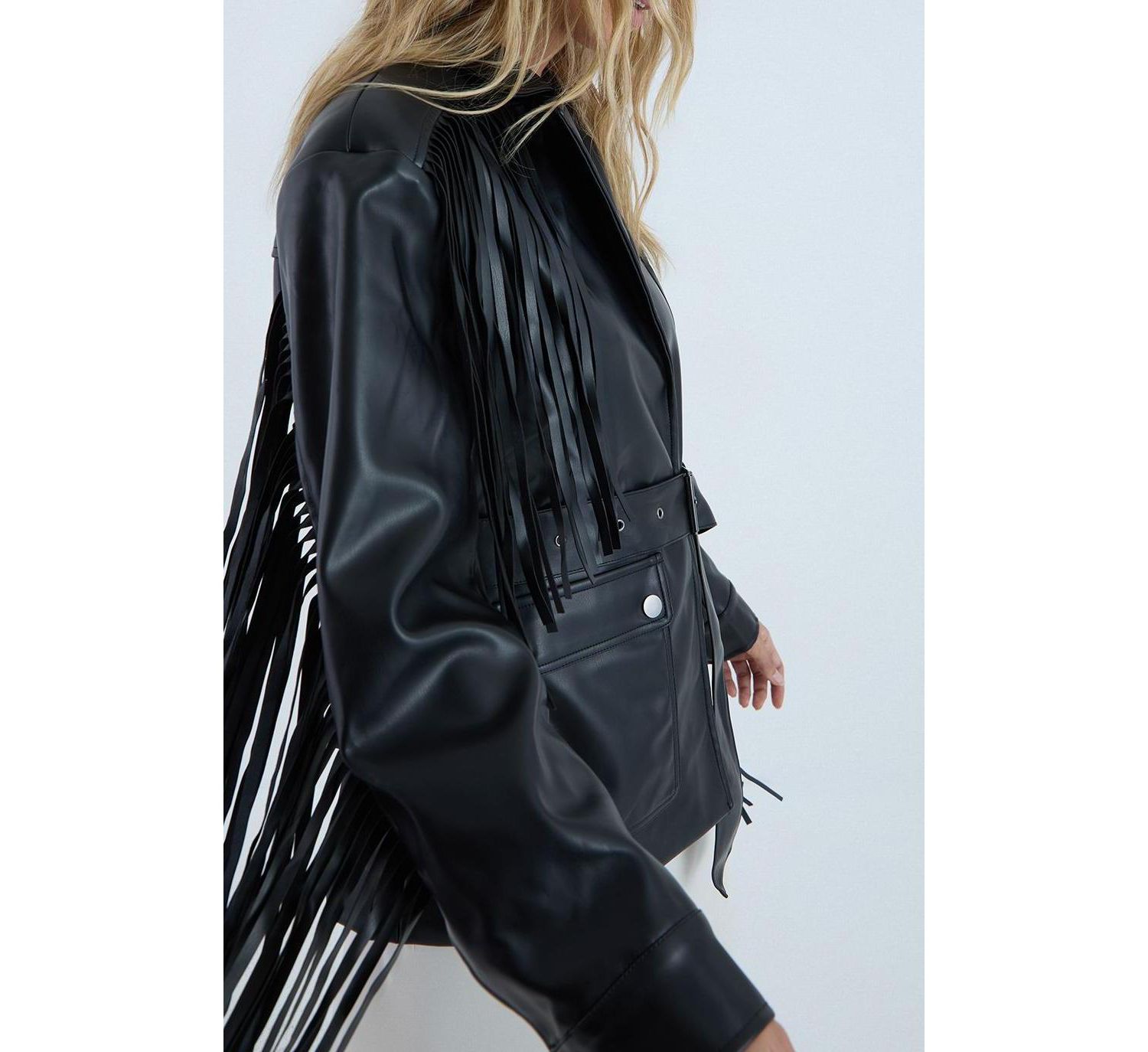Women's Fringe Faux Leather Belted Jacket
