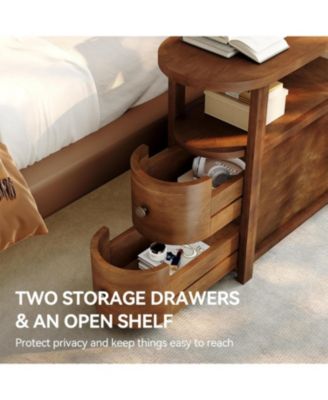 Solid Wood End Table with 2 Drawers & Open Shelf, No Assembly Required Side Table, Vintage Brown Slim Bedside Table Nightstand