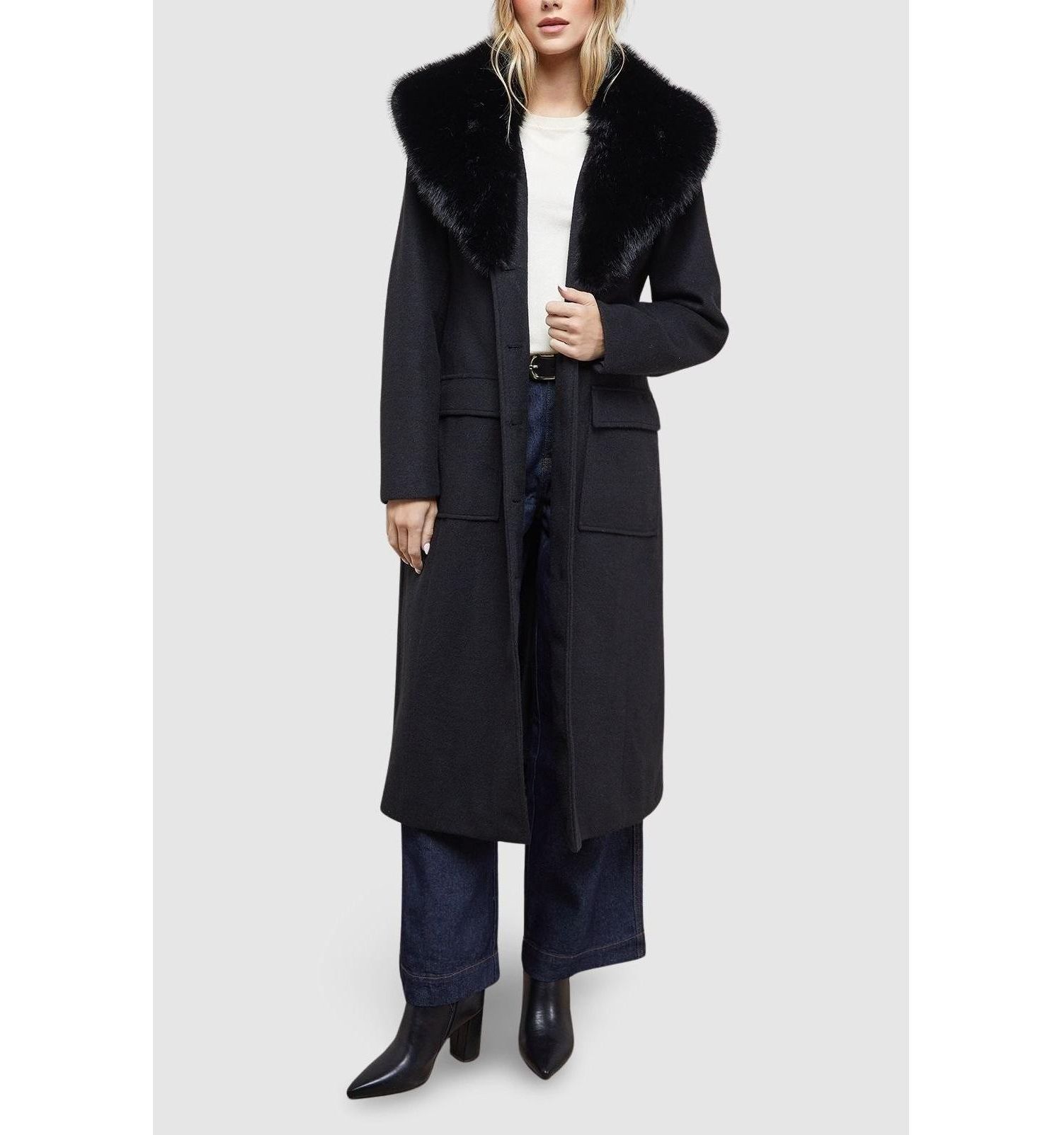 Women's Faux Fur Collar Belted Coat