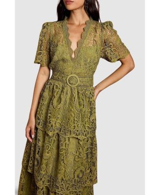 Women's Short Sleeve Tiered Lace Midi Dress