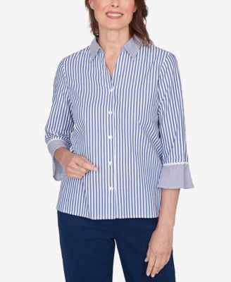 Women's  Mykonos Mixed Stripe Button Front Lace Trim Top