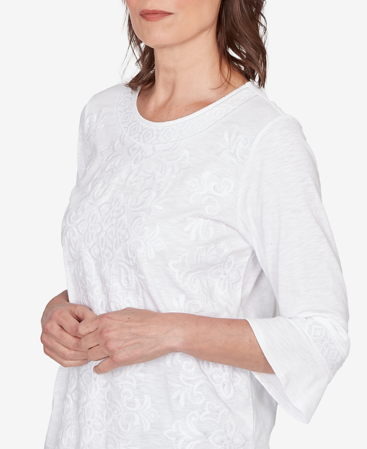 Alfred Dunner Women's Mykonos White Medallion Embroidered Top