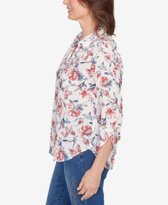 Women's  Austin Etched Floral Butterfly Button Down Top