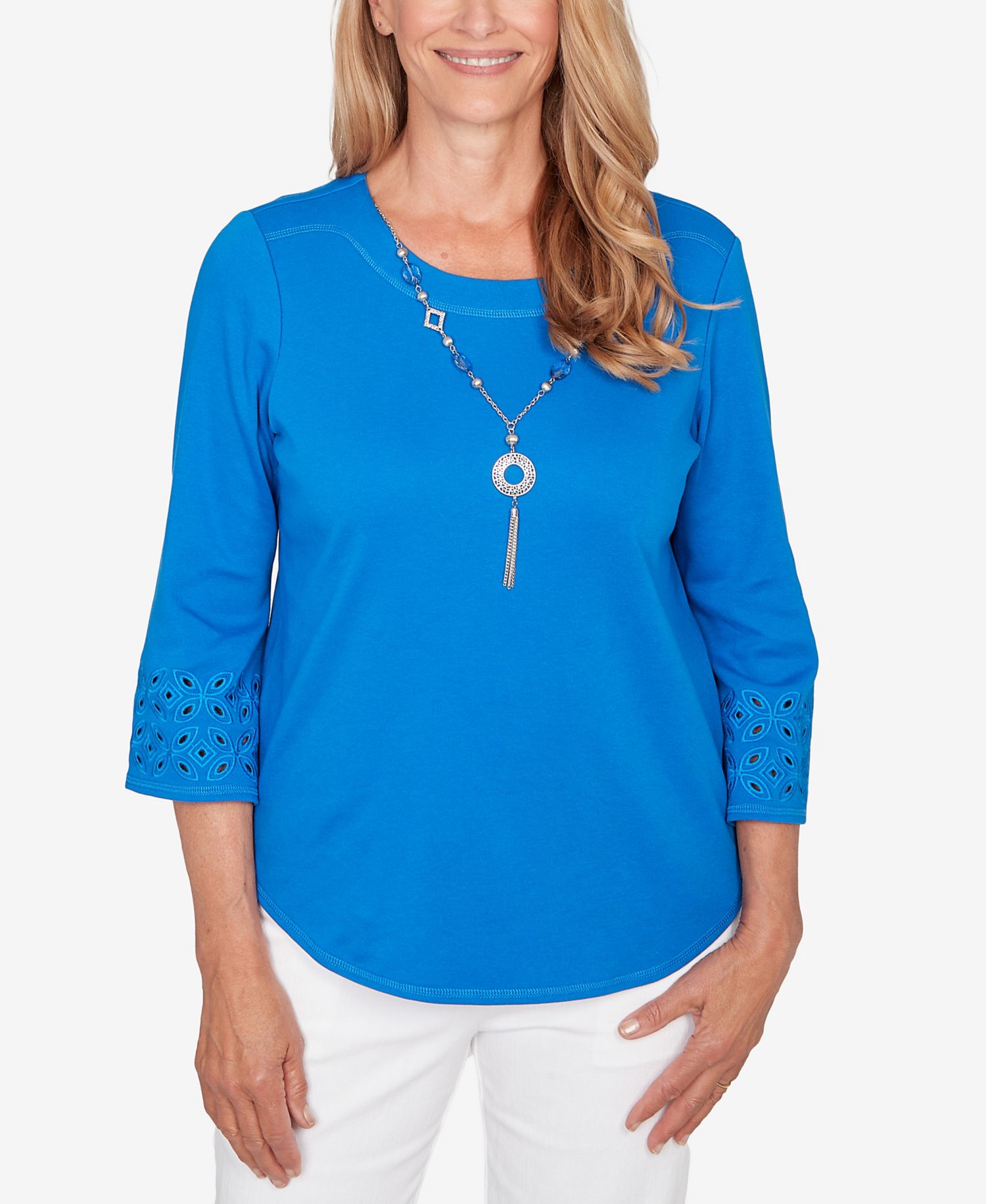 Women's Mykonos Eyelet Sleeve Solid Top with Necklace
