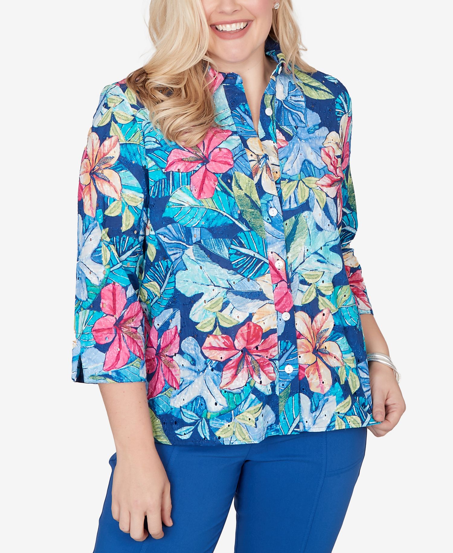 Women's The Royal Treatment Tropical Eyelet Button-Down Top