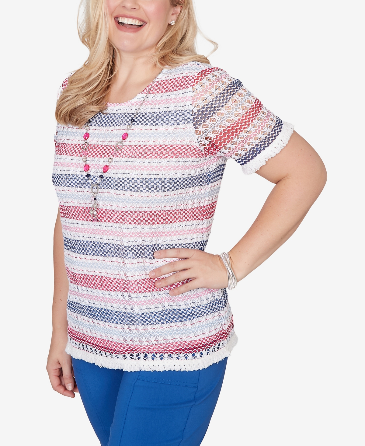 Alfred Dunner Women's The Royal Treatment Biadere Fringe Textured T-shirt with Necklace