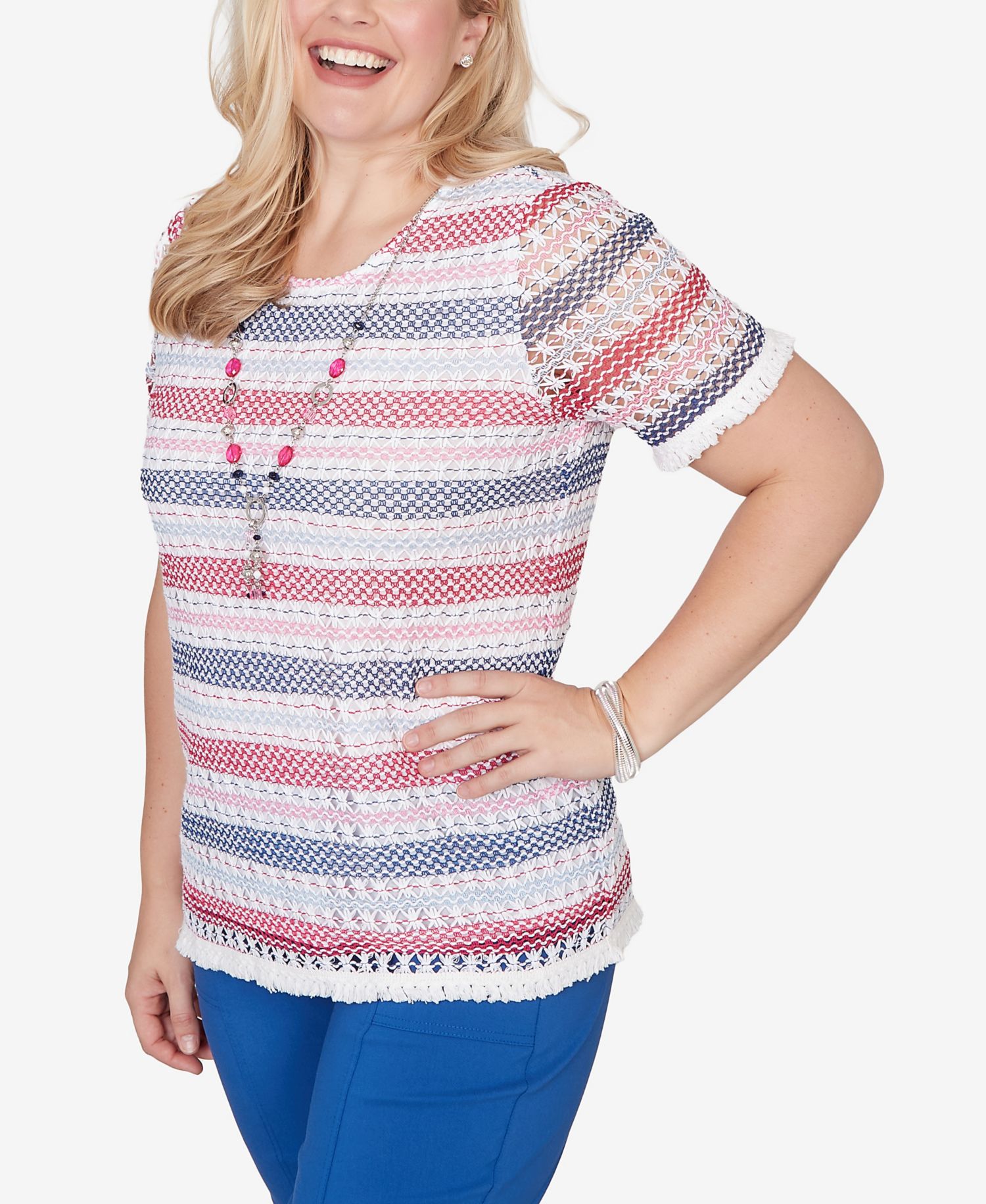 Women's The Royal Treatment Biadere Fringe Textured T-Shirt with Necklace