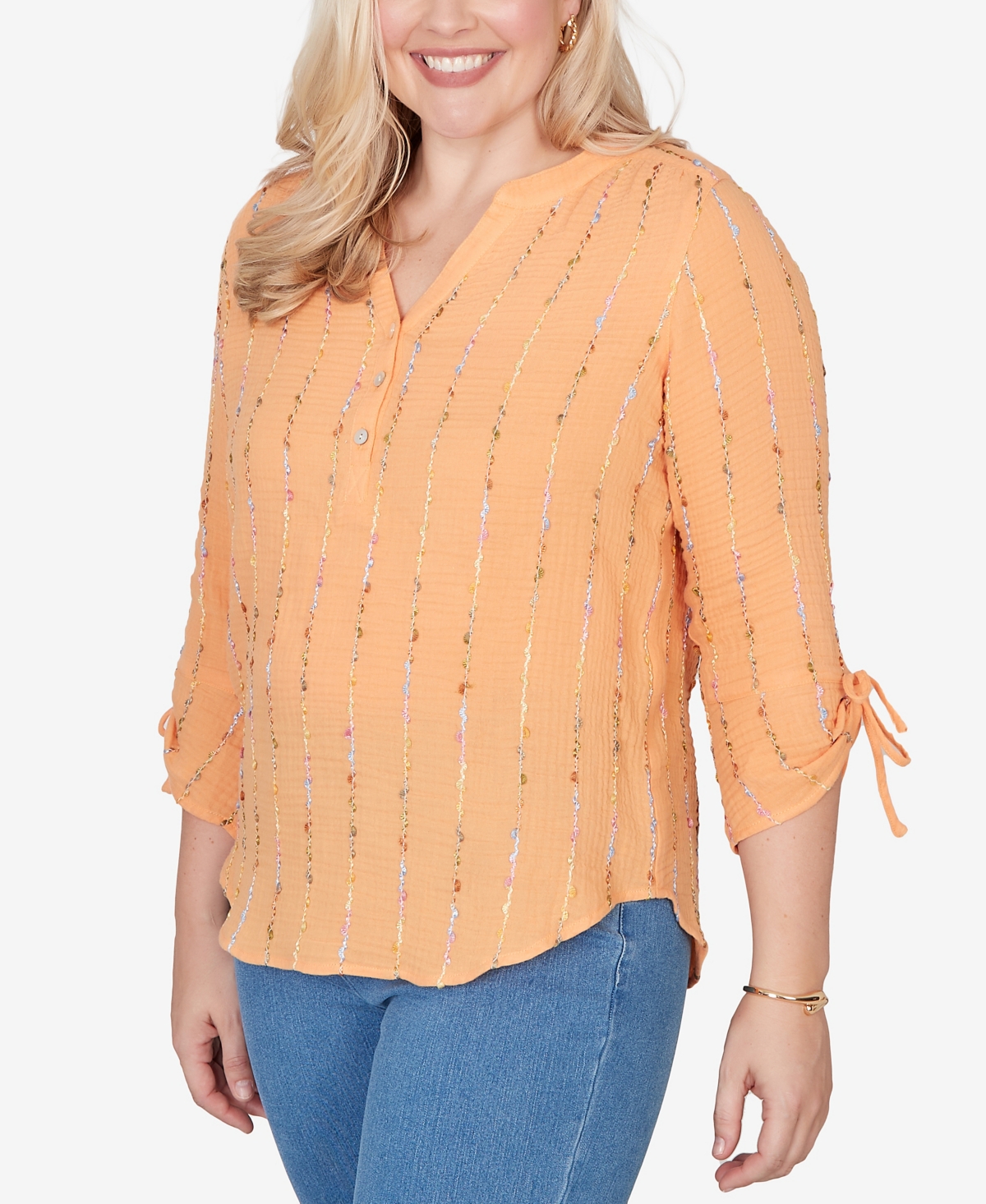 Alfred Dunner Women's Beachcomber Eyelash Gauze Textured Tie Sleeve Henley Top