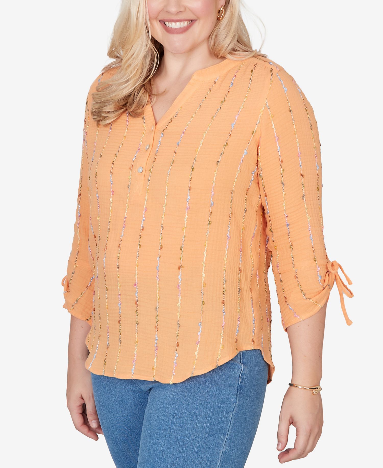 Women's Beachcomber Eyelash Gauze Textured Tie-Sleeve Henley Top