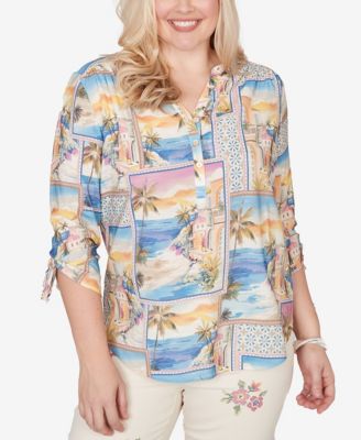 Women's  Beachcomber Postcard Print Tie Sleeve Henley Top