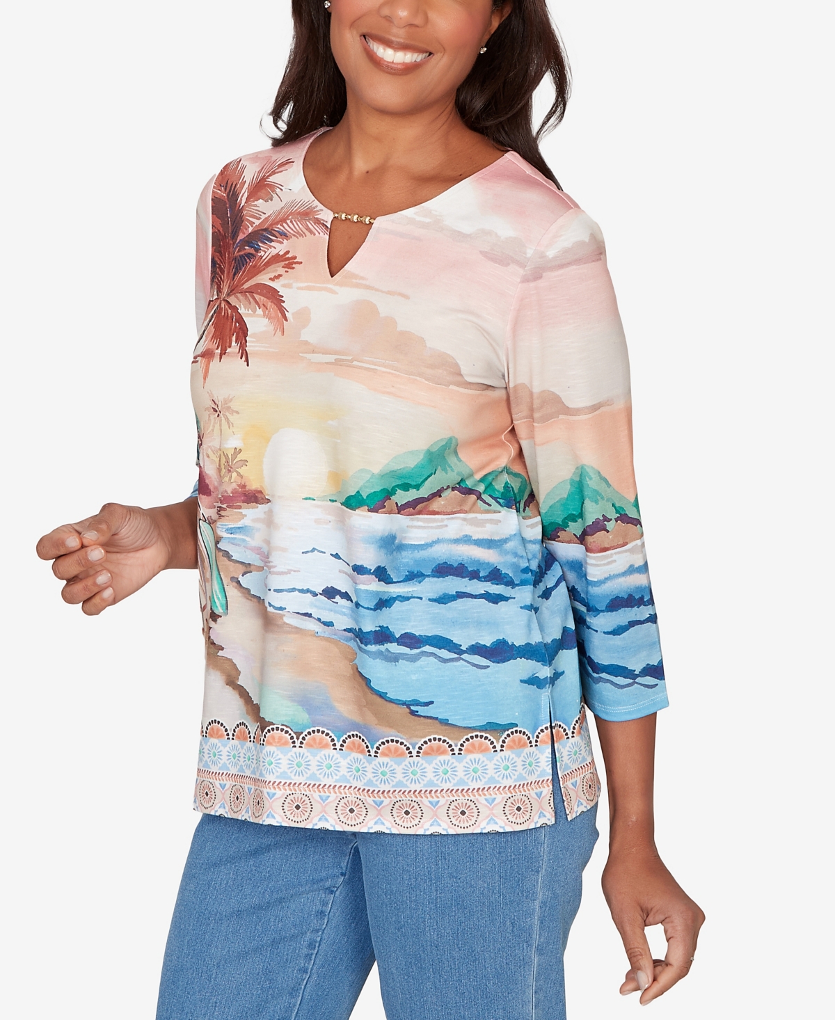 Alfred Dunner Women's Beachcomber Sunset Beach Scenic Split Neck Top