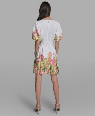 Women's Floral Border Linen Puff-Sleeve Dress