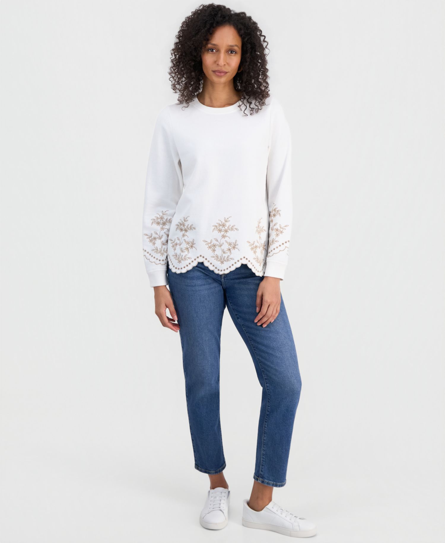 Petite Long-Sleeve Trim Eyelet Knit Crew Neck Top