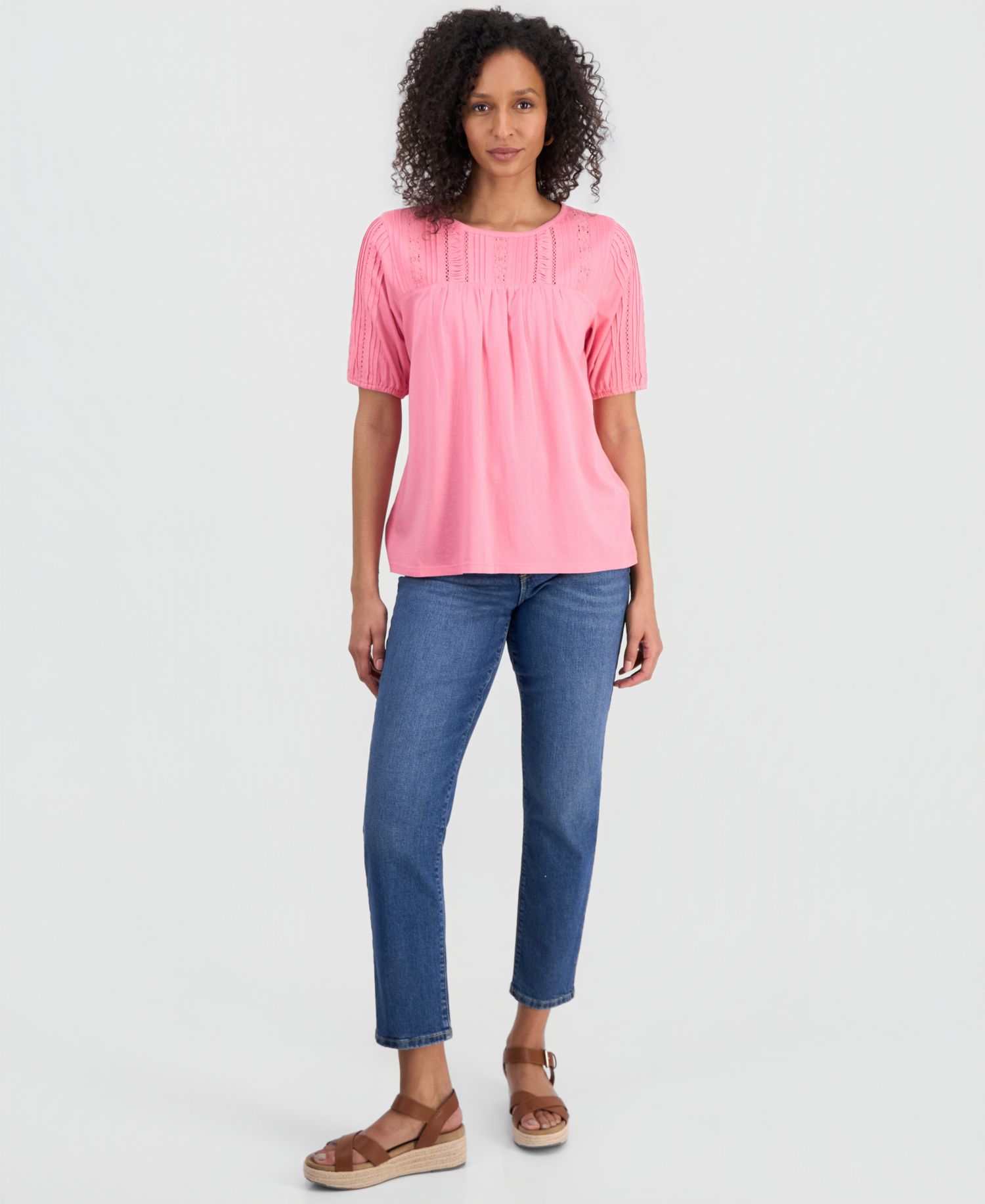Petite Printed Lace Trim Cotton Short-Sleeve Blouse