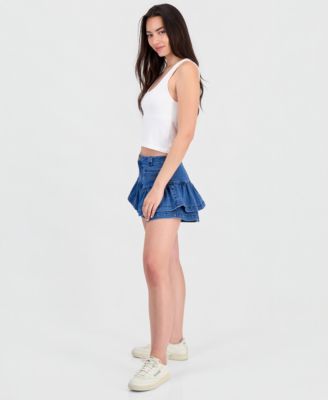 Juniors' High-Rise Ruffled Denim Skort