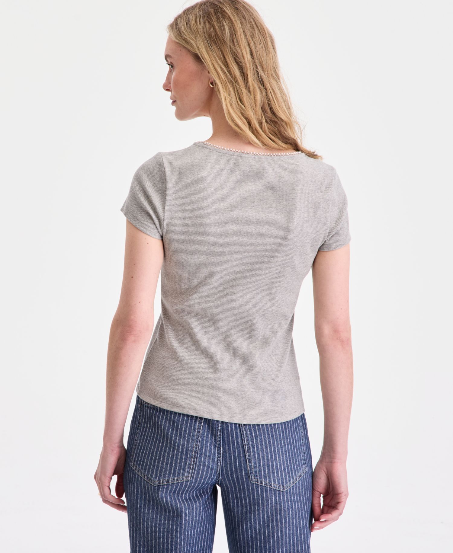 Women's Short Sleeve Pearl Trim Top