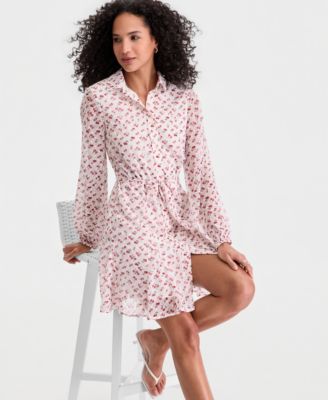 Women's Cherry Print Tie-Belt Button-Front Dress