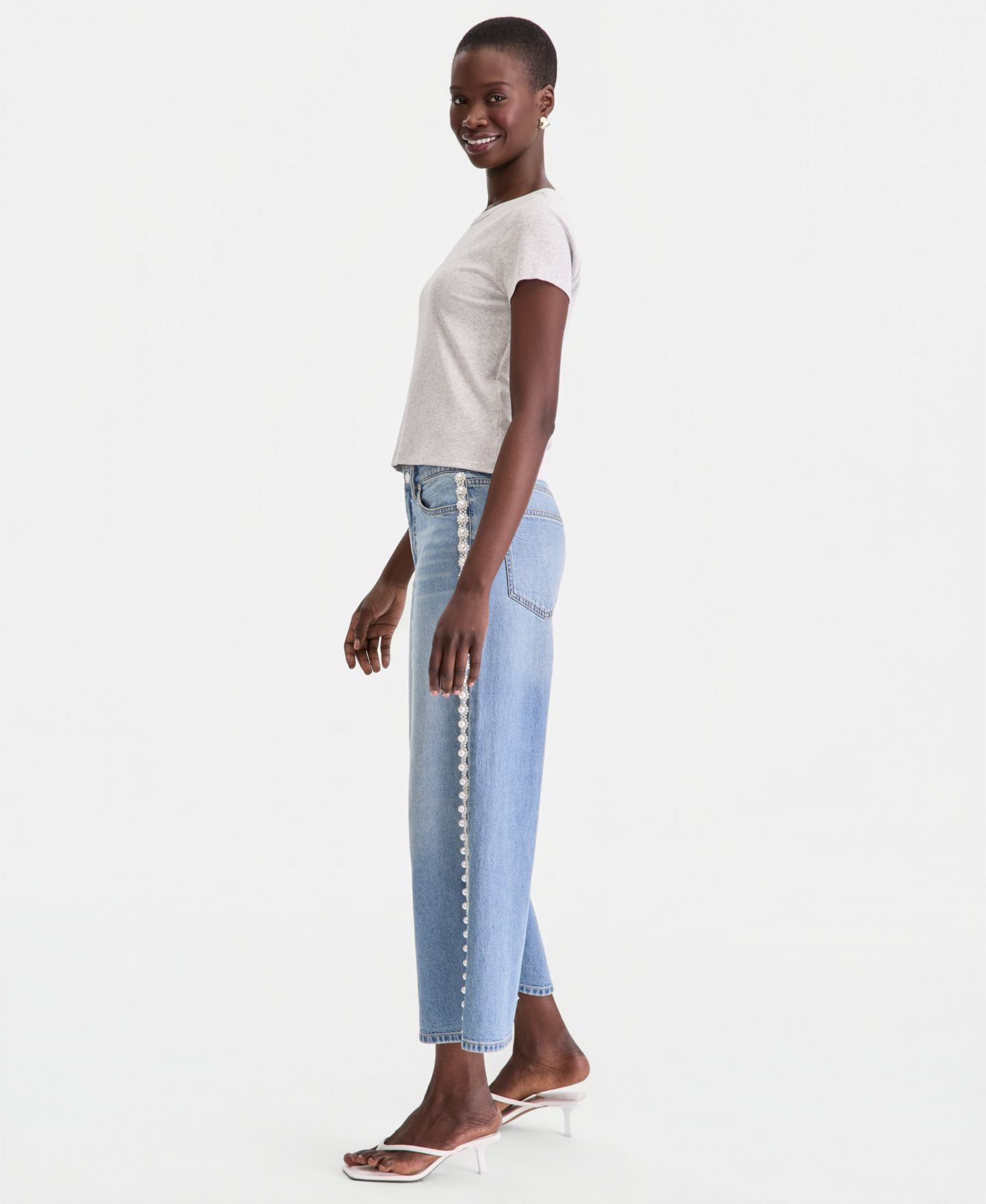 Женские джинсы On 34th High-Rise Cropped Faux-Pearl-Trim, цвет: Экрю варёный — фото 7