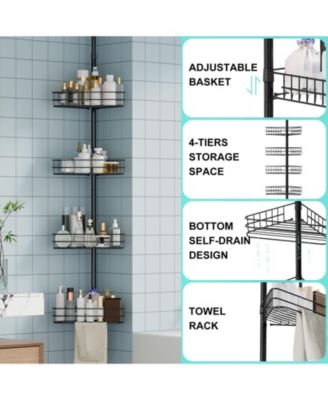Corner Shower Caddy Tension Pole,  4-Tier Rustproof Bathroom Shelves with Built-In Towel Bars