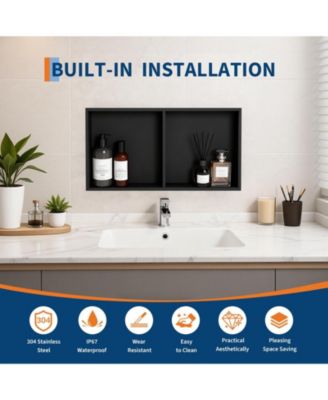 Modern Matte Black Stainless Steel Shower Niche - 24" x 12" Recessed Wall Shelf - Single Tier Bathroom Storage Organizer