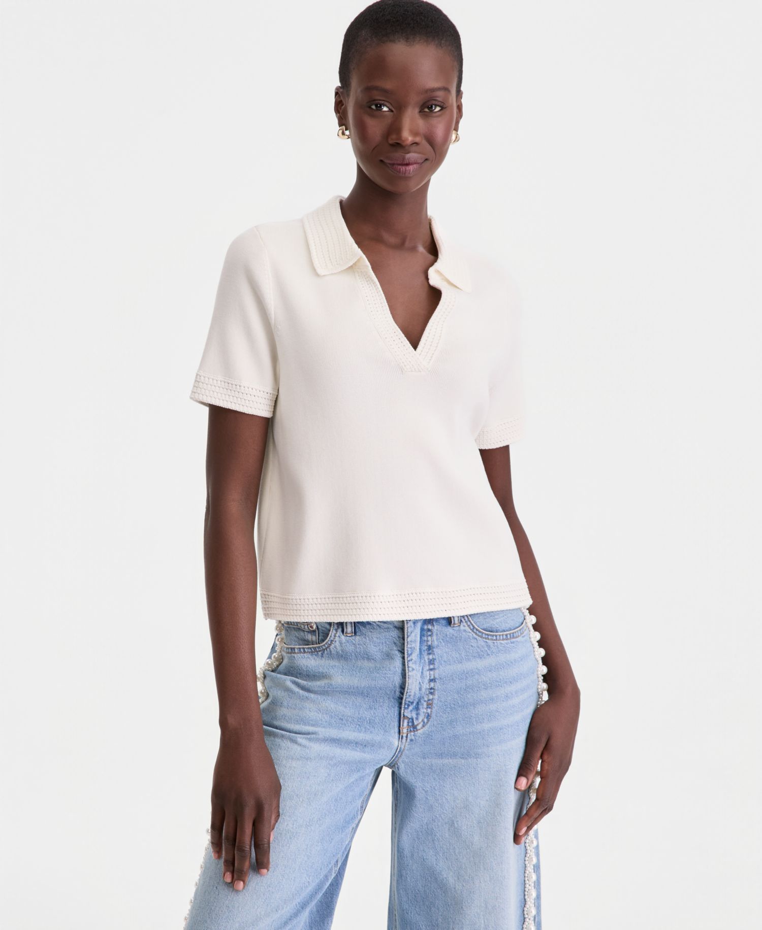 Women's Short-Sleeve Crochet Collar Polo Sweater