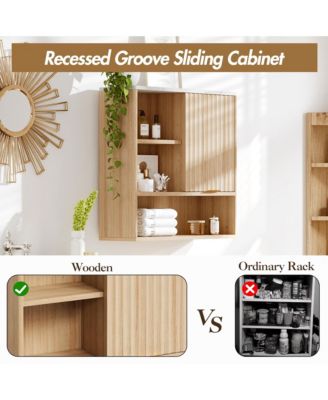 Fluted Bathroom Wall Cabinet with Faux Marble Top & Adjustable Shelf, Modern Medicine Cabinet with Sliding Door and Open Storage Space