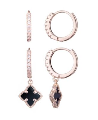 Rose Gold CZ Black Clover Huggie Set