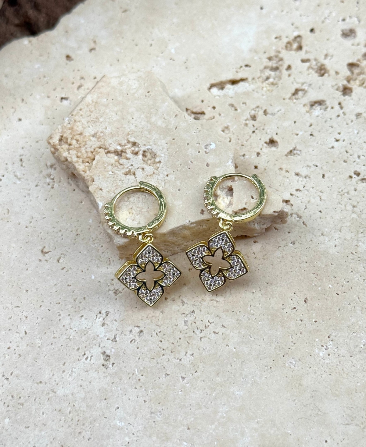 Adornia Gold Cz Pointed Clover Drop Huggie Hoop Earrings