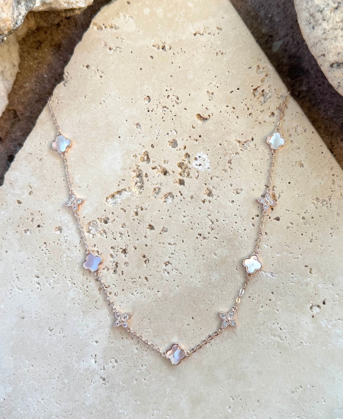 Adornia Rose Gold Mother of Pearl Cz Mixed Clover Station Necklace