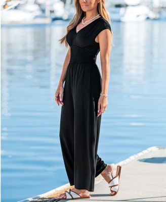 Women's V-Neck Smocked Waist Wide-Leg Jumpsuit