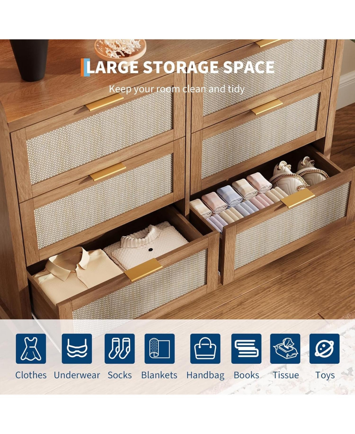 gaomon Farmhouse 6 Drawer Dresser for Bedroom, Rattan Chest of Drawers with Storage,Large Dresser Chest of Drawers with Gold Handle,Boho Tv Stand