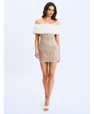 Women's Averie Fur Off-Shoulder Sequin Mini Dress