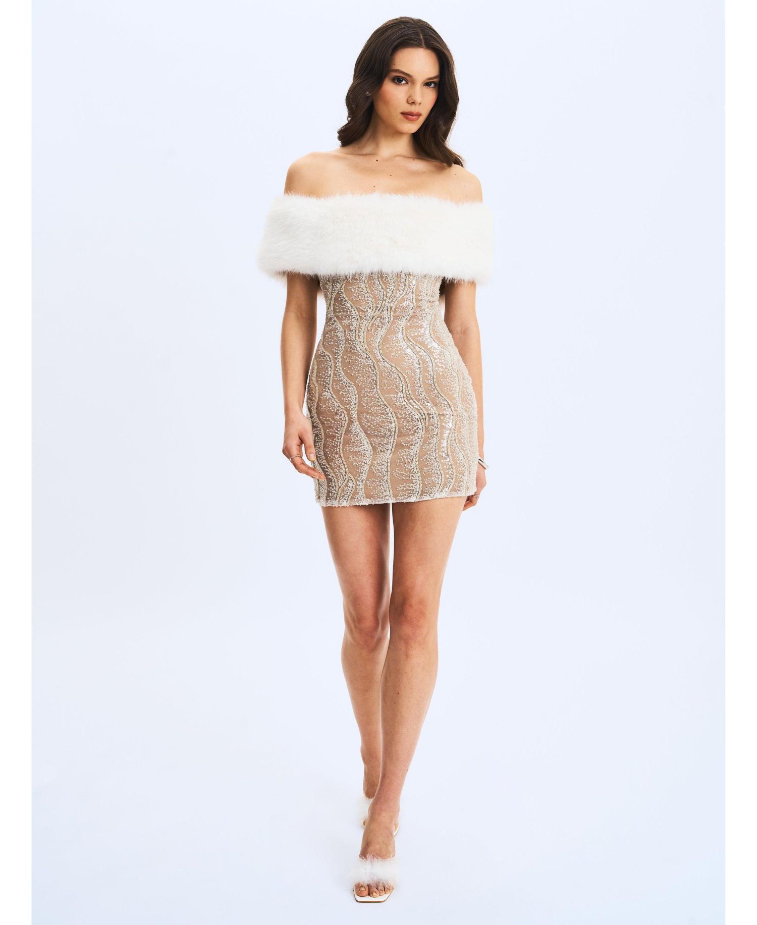 Women's Averie Faux Fur Off-Shoulder Sequin Mini Dress