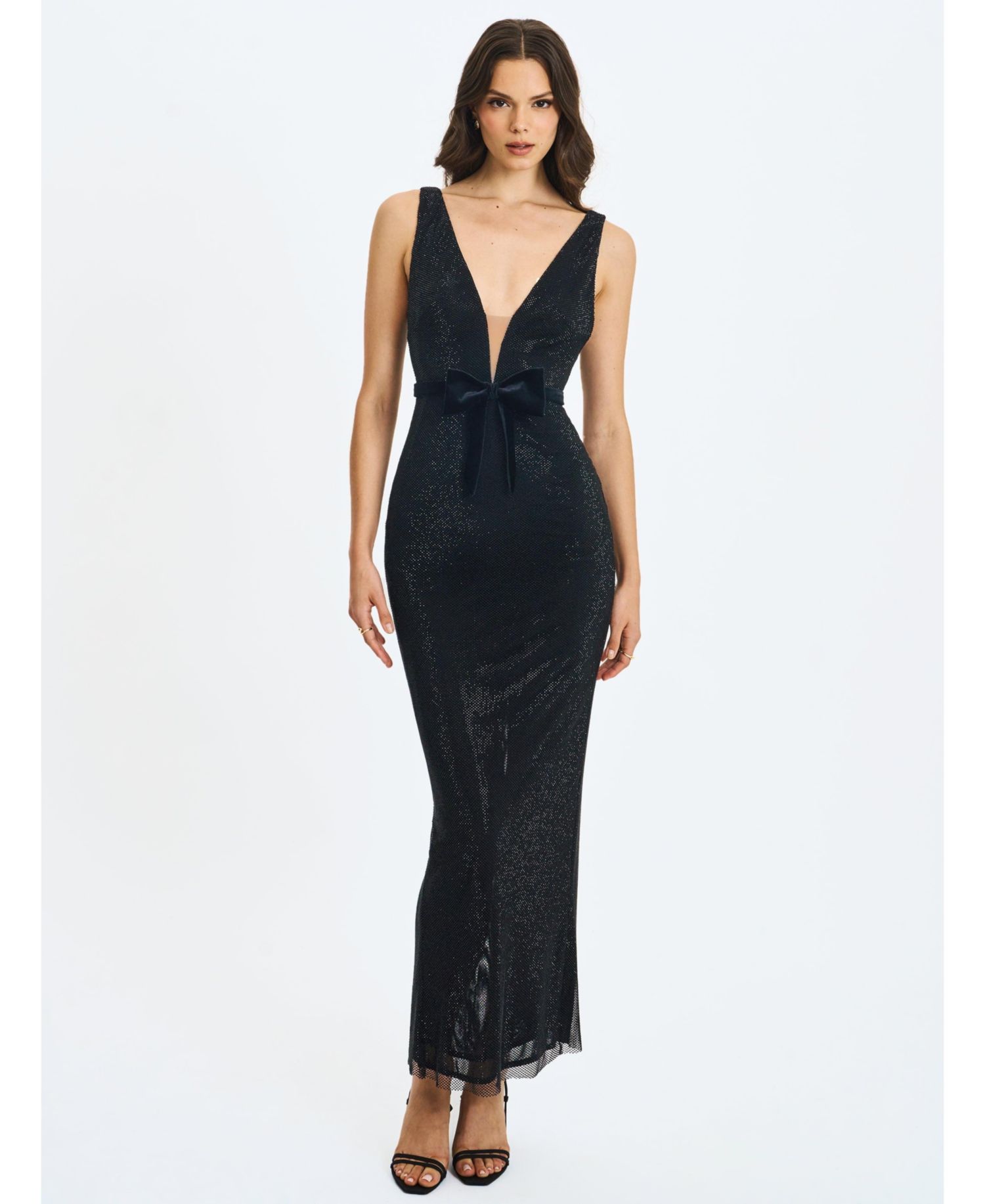 Women Olympia Black Belted Bow Plunging Rhinestone Maxi Dress