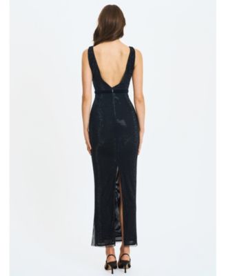 Women Olympia Black Belted Bow Plunging Rhinestone Maxi Dress