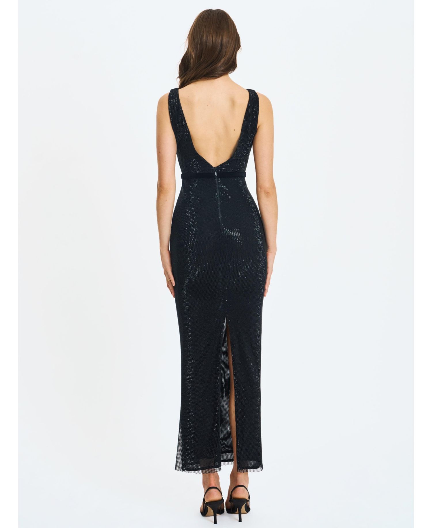 Women Olympia Black Belted Bow Plunging Rhinestone Maxi Dress
