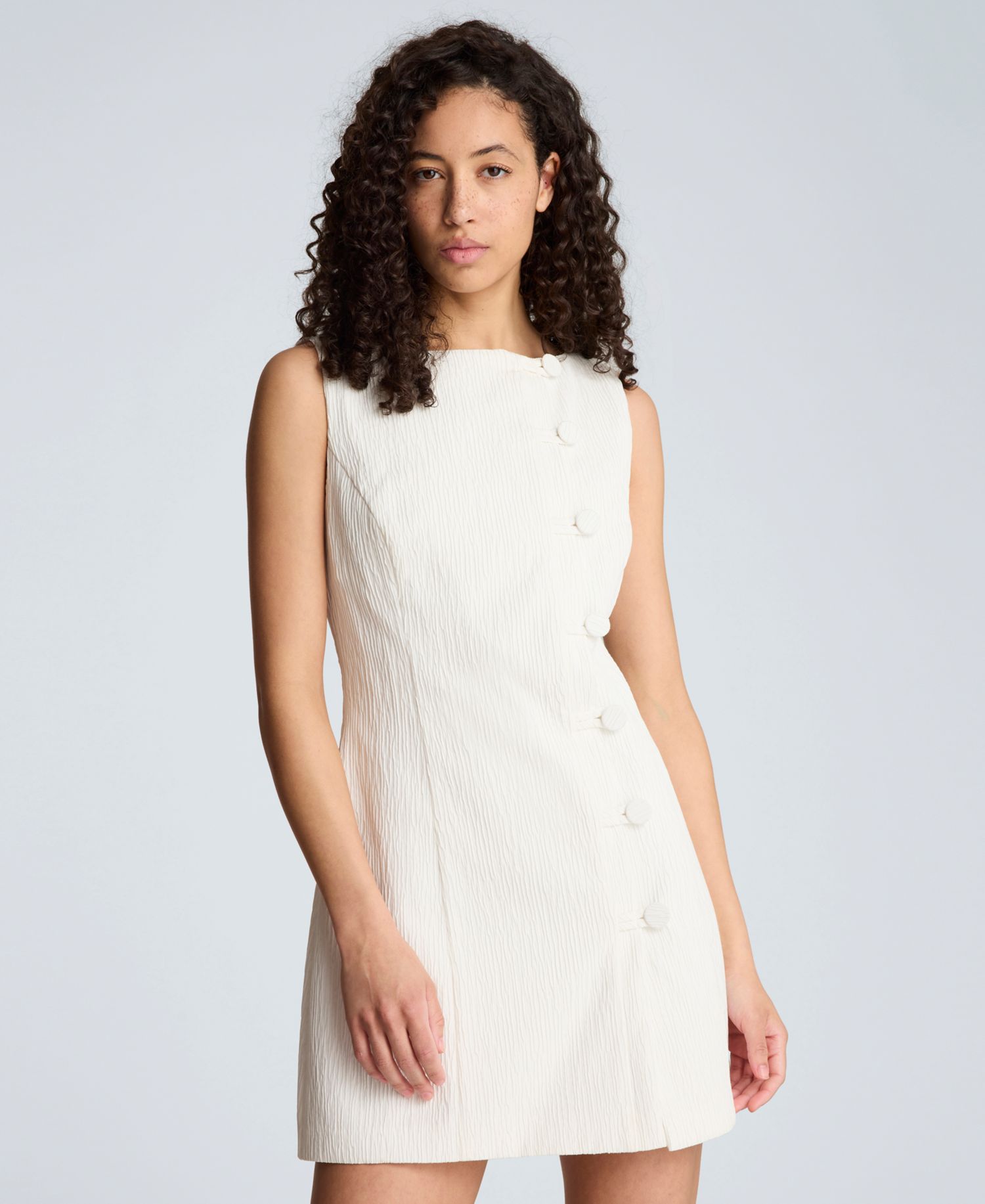 Women's Boat Neck Button-Front Sheath Short Dress