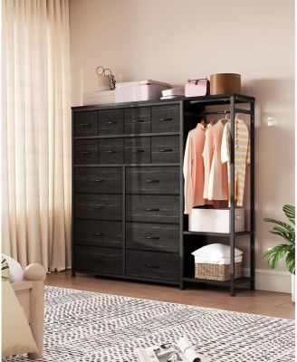 16 Drawer Dresser with Clothes Rack, Tall Fabric Storage Organizer for Bedroom Closet, Living Room