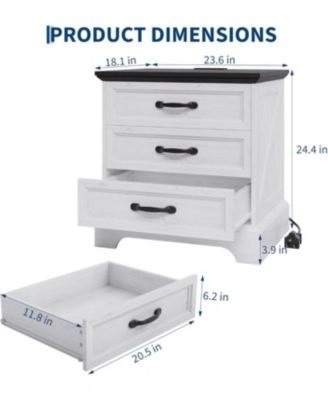 Modern Farmhouse Wood Nightstand with Charging Station & 3 Large Drawers