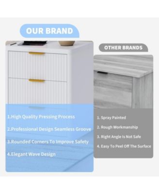 Fluted Nightstand Set of 2,Mid Century Bedside Table,Wooden End Table,Farmhouse Night Stand with 3 Drawer