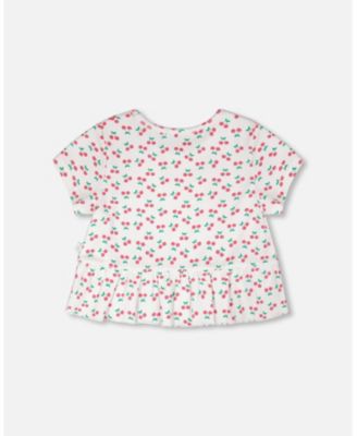 Girl Rib Crop T-Shirt with Frill Printed Cheeries