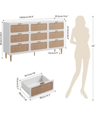 Rattan 9 Drawer Dressers for Bedroom, Tall Dresser with Deep Drawers, Large Chest of Drawers for Closet with Wide Top