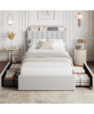 Twin Bed Frame with Storage Headboard, Kids Bed Frame with 2 Drawers, Boucle Upholstered Platform Bed with Bookcase, No Box Spring Needed