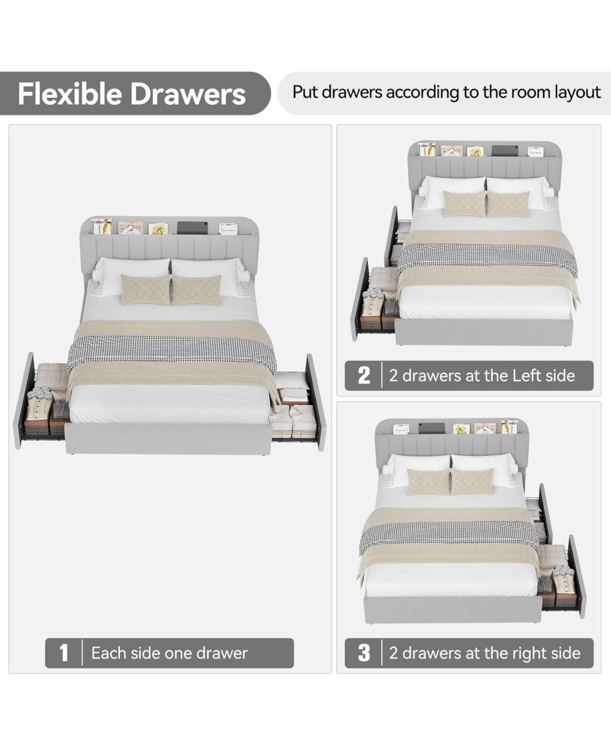 gaomon Queen Bed Frame with Storage Headboard, Girls 2 Drawers, Boucle Upholstered Platform Bookcase