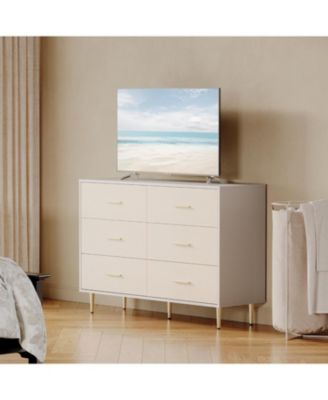 6 Drawer Dresser, Modern White Chest of Drawers with Gold Metal Legs and Handles, Large Double Wooden Dresser for Bedroom