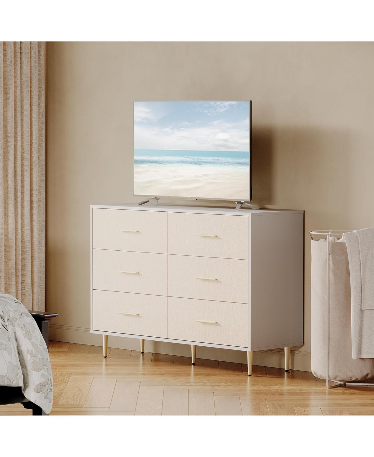 gaomon 6 Drawer Dresser, Modern White Chest of Drawers with Gold Metal Legs and Handles, Large Double Wooden Dresser for Bedroom