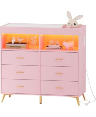 Dresser for Bedroom with 6 Drawers, Multi-Functional Nursery Dresser with LED Lights & Charging Station