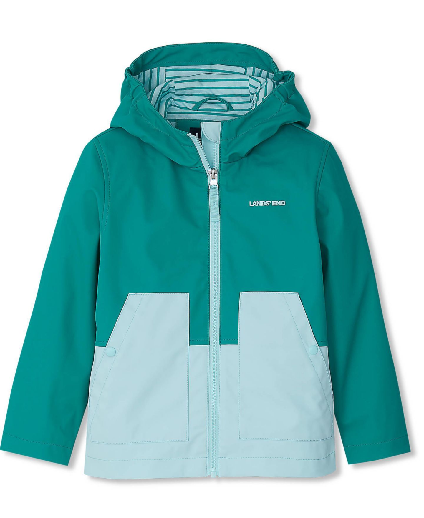 Куртка Lands' End Water Resistant Hooded Slicker Rain Jacket для девочек, цвет: Зелёный / Синий — фото 1